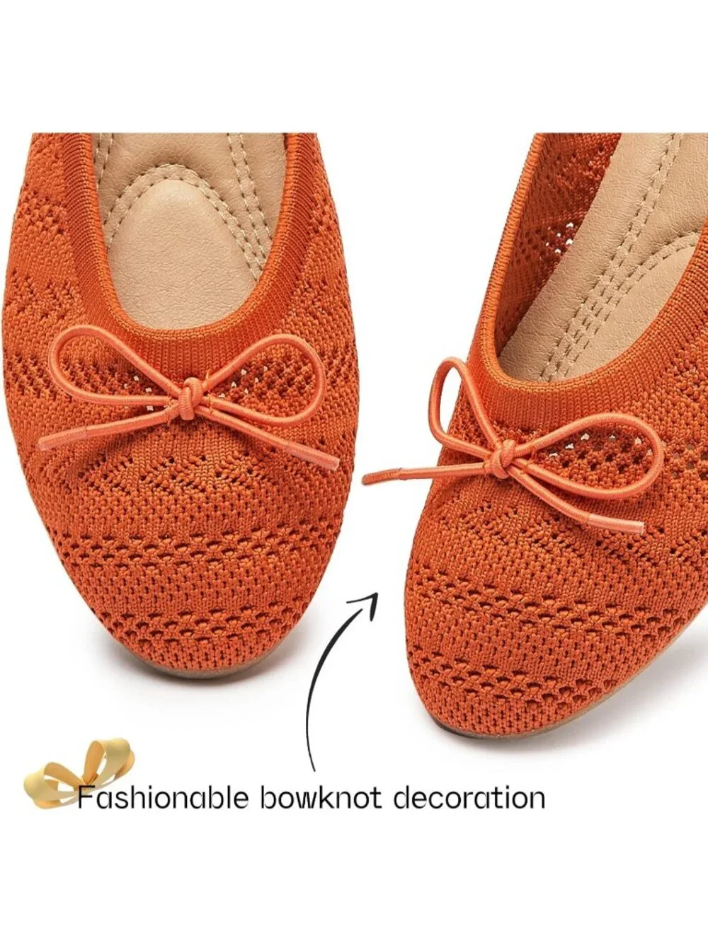 Women's Orange Crochet Lace Round Toe Solid Comfortable Low Heel Ballet Flats